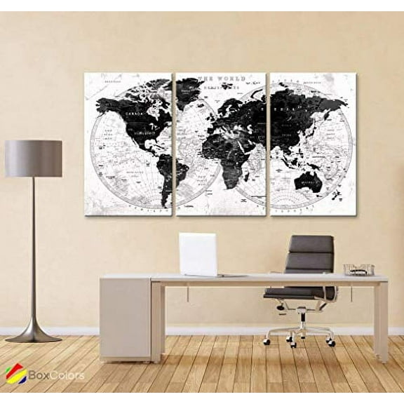 Original by BoxColors LARGE 30"x 60" 3 panels 30x20 Ea Art Canvas Print Watercolor Black white Gray Map World Push Pin cities travel Wall home office decor (framed 1.5" depth) M1828