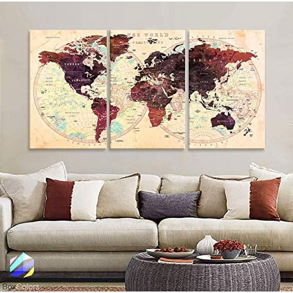 Original by BoxColors LARGE 30"x 60" 3 panels 30x20 Ea Art Canvas Print Watercolor Brown Beige Old Map World Push Pin Travel Wall home office decor (framed 1.5" depth) M1818