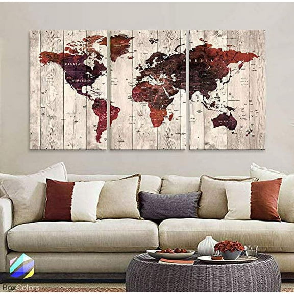 Original by BoxColors LARGE 30"x 60" 3 panels 30x20 Ea Art Canvas Print Watercolor Brown Beige Old Map World Push Pin Travel cities Wall home office decor (framed 1.5" depth) M1821