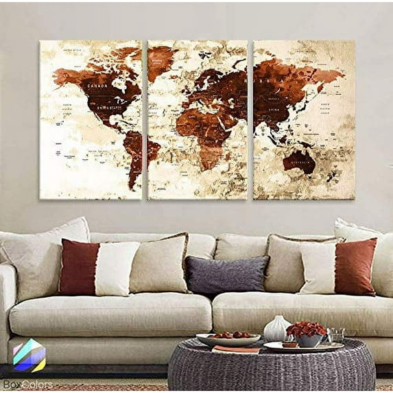 Original by BoxColors LARGE 30"x 60" 3 panels 30x20 Ea Art Canvas Print Watercolor Brown Beige Old Map World Push Pin Travel cities Wall home office decor (framed 1.5" depth) M1822