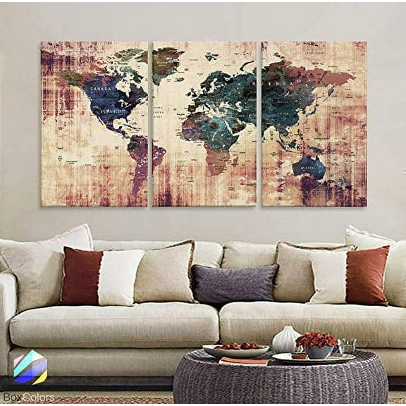 Original by BoxColors LARGE 30"x 60" 3 panels 30x20 Ea Art Canvas Print Watercolor Brown Green Old Map World Push Pin Travel Wall home office decor (framed 1.5" depth) M1819