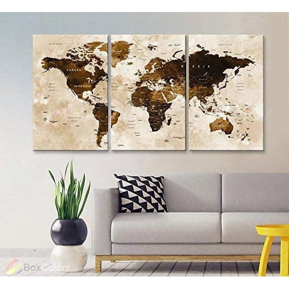 Original by BoxColors LARGE 30"x 60" 3 panels 30x20 Ea Art Canvas Print Watercolor Brown sepia Map World Push Pin Travel Wall decor Home (framed 1.5" depth) M1801