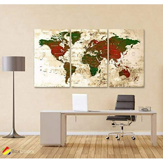 Original by BoxColors LARGE 30"x 60" 3 panels 30x20 Ea Art Canvas Print Watercolor Green Red Map World Push Pin Travel cities Wall home office decor (framed 1.5" depth) M1824