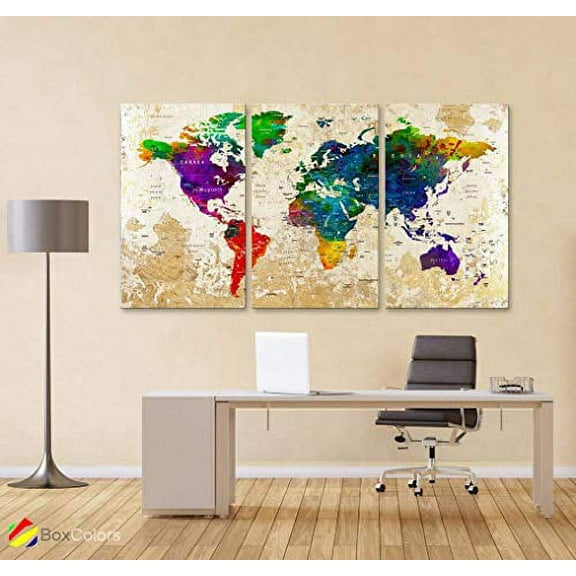 Original by BoxColors LARGE 30"x 60" 3 panels 30x20 Ea Art Canvas Print Watercolor Multi Color Map World Push Pin Travel cities Wall home decor (framed 1.5" depth) M1826