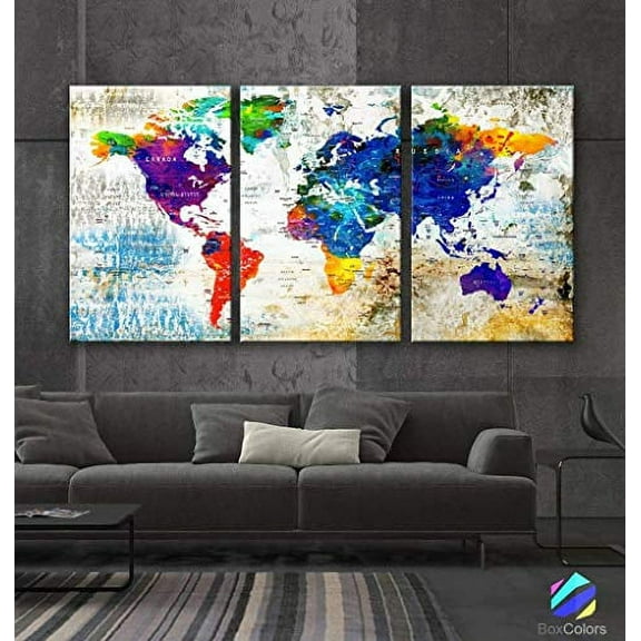 Original by BoxColors LARGE 30"x 60" 3 panels 30x20 Ea Art Canvas Print Watercolor Multi Color Old Map World Push Pin Travel cities Wall home decor (framed 1.5" depth) M1840