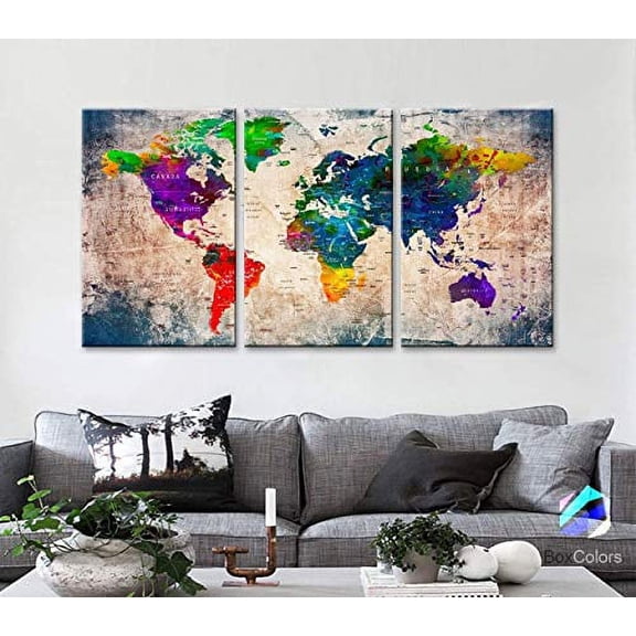Original by BoxColors LARGE 30"x 60" 3 panels 30x20 Ea Art Canvas Print Watercolor Multi Color Old vintage Map World Push Pin Travel Wall home decor (framed 1.5" depth) M1808