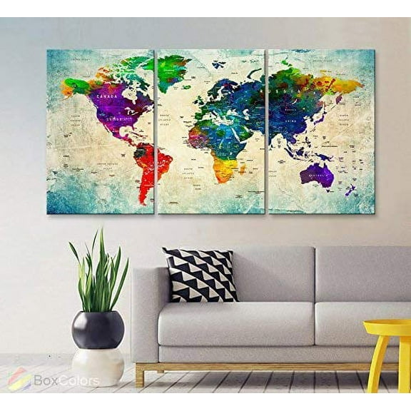 Original by BoxColors LARGE 30"x 60" 3 panels 30x20 Ea Art Canvas Print Watercolor Multi color green yellow blue Map World Push Pin Travel Wall home decor (framed 1.5" depth) M1805