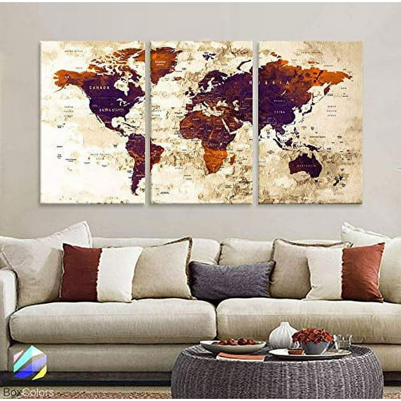 Original by BoxColors LARGE 30"x 60" 3 panels 30x20 Ea Art Canvas Print Watercolor Orange purple Old Map World Push Pin Travel Wall home office decor (framed 1.5" depth) M1817