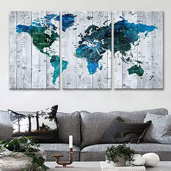 Original by BoxColors LARGE 30"x 60" 3 panels 30x20 Ea Art Canvas Print Watercolor blue green Map World Push Pin Travel Wall home office decor (framed 1.5" depth) M1813