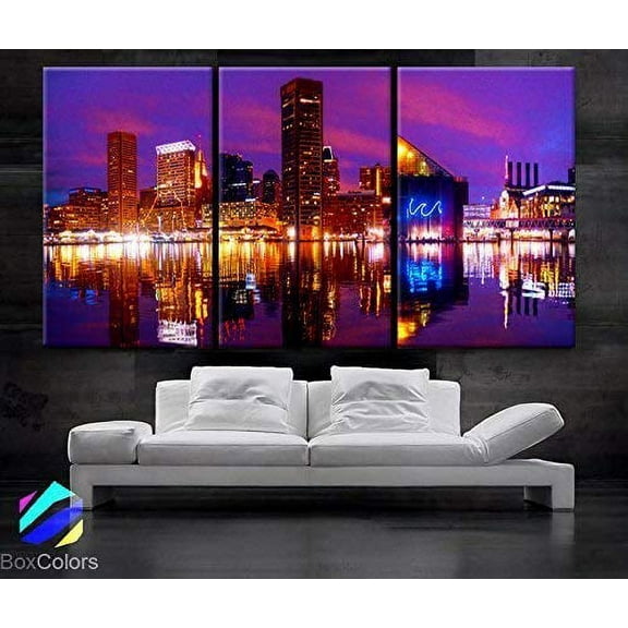 Original by BoxColors Large 30"x 60" 3 Panels 30"x20" Ea Art Canvas Print Beautiful Baltimore Skyline Light Downtown Colorful Wall Home Office Decor (Framed 1.5" Depth)