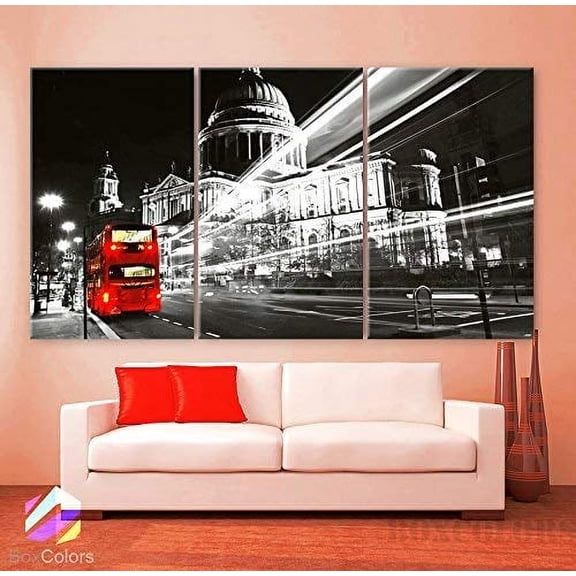 Original by BoxColors Large 30"x 60" 3 Panels 30"x20" Ea Art Canvas Print Beautiful London England Bus Red Night Lights Wall Home Decor Interior Design (Framed 1.5" Depth)