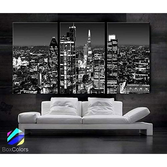 Original by BoxColors Large 30"x 60" 3 Panels 30"x20" Ea Art Canvas Print Beautiful London Skyline Lights Night Black & White Wall Home (Included Framed 1.5" Depth)