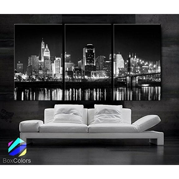 Original by BoxColors Large 30"x 60" 3 Panels 30"x20" Ea Art Canvas Print Cincinnati Skyline Night Light Downtown Black & White Wall Home Decor Interior (Framed 1.5" Depth)