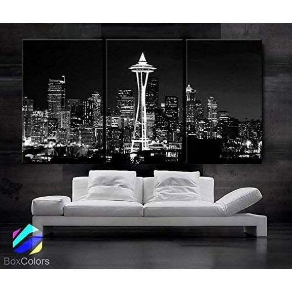 Original by BoxColors Large 30"x 60" 3 Panels 30"x20" Ea Art Canvas Print Seattle Washington Skyline Night Downtown Black & White Wall Home Decor Interior(framed 1.5" Depth)