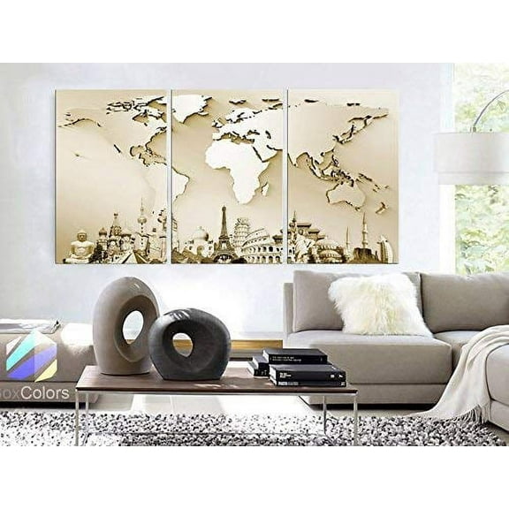 Original by BoxColors Large 30"x 60" 3 Panels 30x20 Ea Art Canvas Print 3D Watercolor Map beige World Push Pin Travel cities Wall decor Home (framed 1.5" depth)