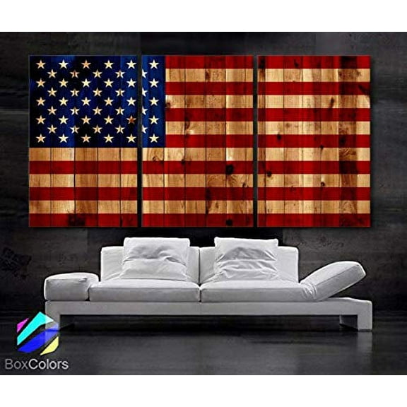 Original by BoxColors Large 30"x 60" 3 Panels 30x20 Ea Art Canvas Print American Flag Glory USA Vintage image texture wood Wall Decor Office Interior Home (Included Framed 1.5" Depth)