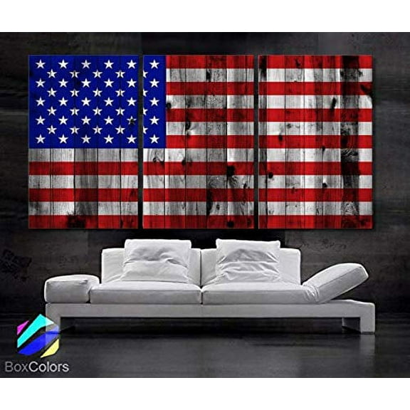 Original by BoxColors Large 30"x 60" 3 Panels 30x20 Ea Art Canvas Print American Flag Glory USA image texture wood Wall Decor Office Interior Home (Included Framed 1.5" Depth)