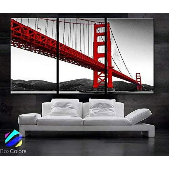 Original by BoxColors Large 30"x 60" 3 Panels 30x20 Ea Art Canvas Print Beautiful Golden Gate Bridge San Francisco California Black White Red Wall Home (Framed 1.5" Depth)