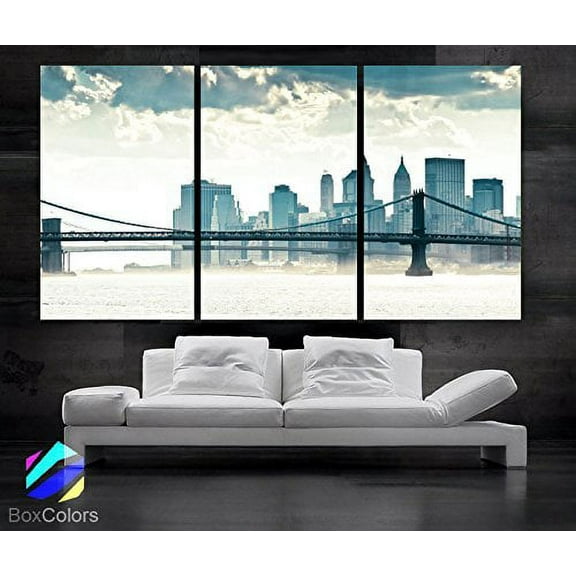 Original by BoxColors Large 30"x 60" 3 Panels 30x20 Ea Art Canvas Print Beautiful Manhattan Bridge New York City Ny Wall Home (Included Framed 1.5" Depth)