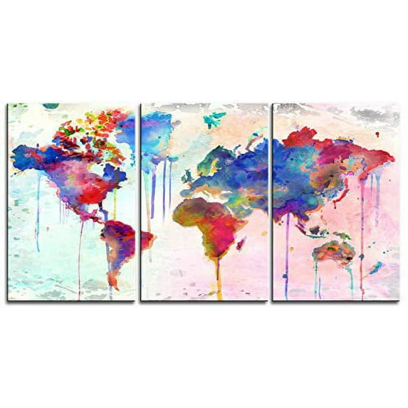 Original by BoxColors Large 30"x 60" 3 Panels 30x20 Ea Art Canvas Print Map world Watercolor Abstract Colorful Wall decor Home Office interior Decor (framed 1.5" depth)