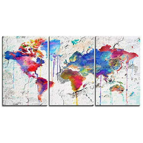 Original by BoxColors Large 30"x 60" 3 Panels 30x20 Ea Art Canvas Print Map world watercolor Abstract Colorful Wall decor Home interior Decoration (framed 1.5" depth)