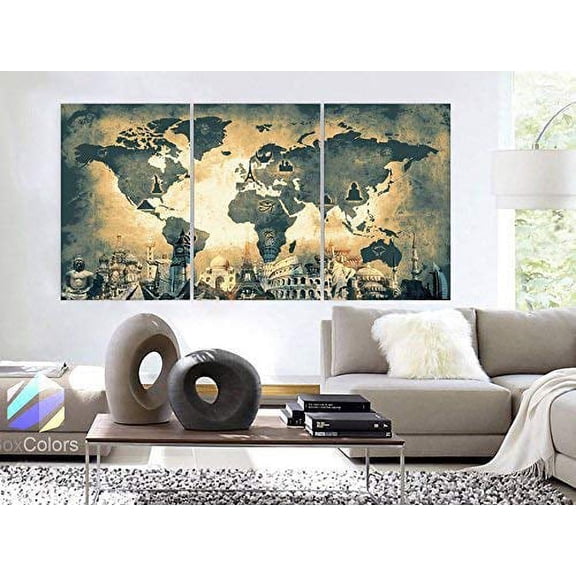 Original by BoxColors Large 30"x 60" 3 Panels 30x20 Ea Art Canvas Print Original Wonders of the world Old Paper Map green yellow Wall decor Home interior (framed 1.5" depth)