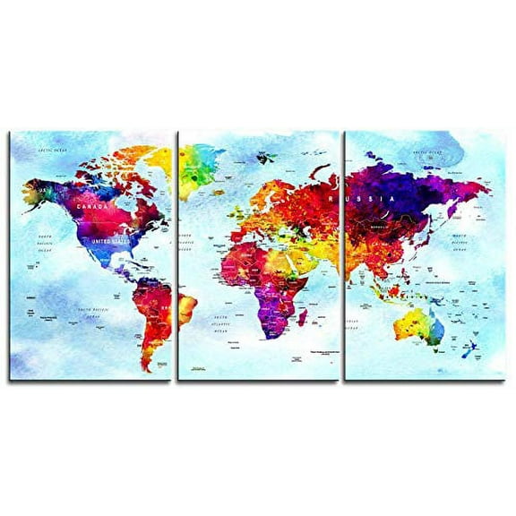 Original by BoxColors Large 30"x 60" 3 Panels 30x20 Ea Art Canvas Print Watercolor Map World Push Pin Travel cities Wall colorfull decor Home interior (framed 1.5" depth)