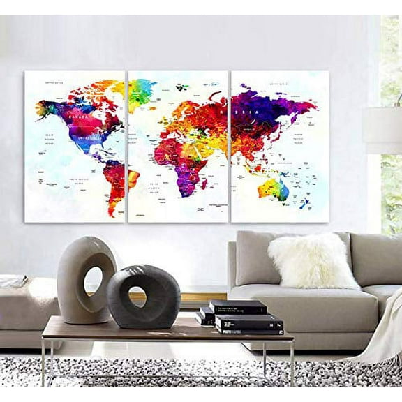 Original by BoxColors Large 30"x 60" 3 Panels 30x20 Ea Art Canvas Print Watercolor Map World Push Pin Travel cities Wall colorfull decor Home interior (framed 1.5" depth)