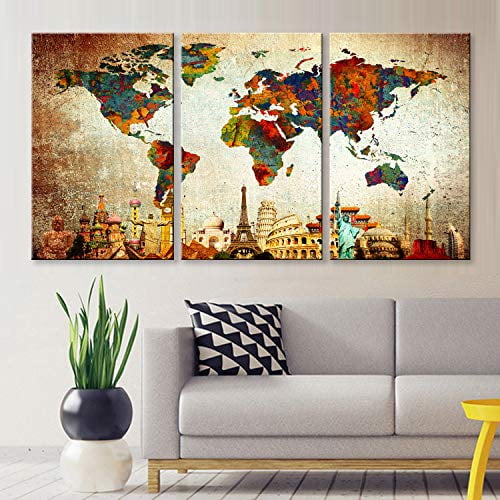 Original by BoxColors Large 30"x 60" 3 Panels 30x20 Ea Art Canvas Print Original Wonders of the World Old Paper Map Vintage Wall Decor Home Interior Framed 1.5" Depth M1845