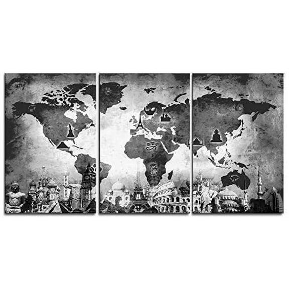 Original by BoxColors Large 30"x 60" 3 Panels 30x20 Ea Art Canvas Print Original Wonders of the world Old Map Black & White gray Wall decor Home interior (framed 1.5" depth)