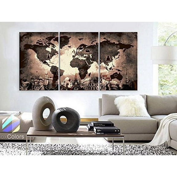 Original by BoxColors Large 30"x 60" 3 Panels 30x20 Ea Art Canvas Print Original Wonders of the world Old Paper Map Brown Wall decor Home interior ( framed 1.5" depth)