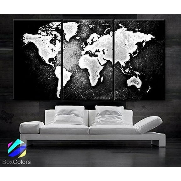 Original by BoxColors Large 30"x 60" 3 Panels 30x20 Ea Art Canvas Print World Map Black & White Contrast Wall Home Office Decor Interior (Included Framed 1.5" Depth)
