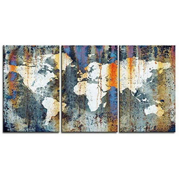 Original by BoxColors Large 30"x 60" 3 Panels 30x20 Ea Art Canvas Print World Map Texture Abstract Orange light blue Wall Decor home office interior (framed 1.5" depth)