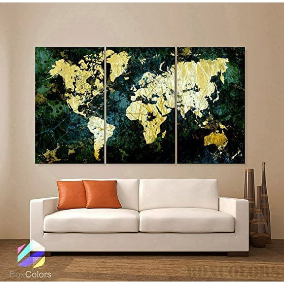 Original by BoxColors Large 30"x 60" 3 Panels 30x20 Ea Original Art Canvas Print World Map Texture Abstract Green Blue Yellow Wall Decor Office Home (Included Framed 1.5" Depth)