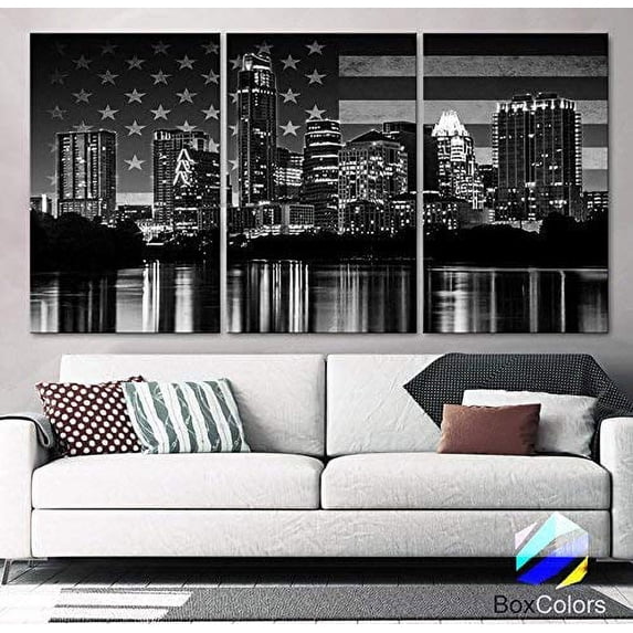 Original by BoxColors XLARGE 30"x 60" 3 Panels 30"x20" Ea Art Canvas Print Flag USA Austin tx Skyline night Black & White Wall Home decor interior (framed 1.5" depth)