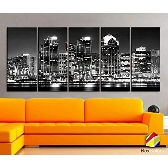 Original by BoxColors XLARGE 30"x 70" 5 Panels 30"x14" Ea Art Canvas Print Beautiful San Diego CA skyline light buildings downtown Wall Home Office decor (framed 1.5" depth)