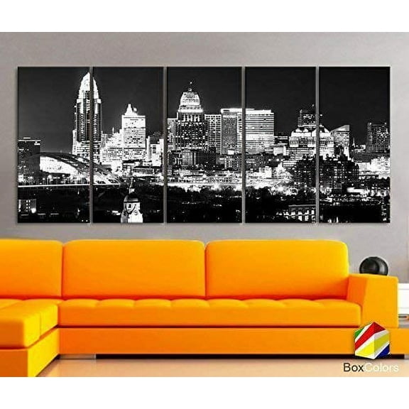 Original by BoxColors XLARGE 30"x 70" 5 Panels 30"x14" Ea Art Canvas Print Cincinnati City night light Downtown Skyline Black & White Wall Home decor (framed 1.5" depth)
