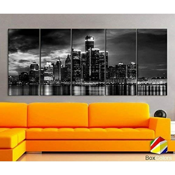 Original by BoxColors XLARGE 30"x 70" 5 Panels 30"x14" Ea Art Canvas Print Ditroit light Skyline Downtown night Black White Wall Home Office decor interior (framed 1.5"depth)