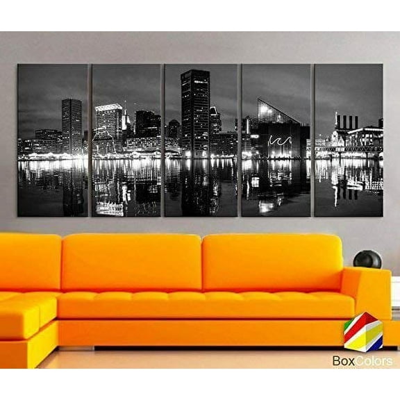 Original by BoxColors XLARGE 30"x 70" 5 Panels 30"x14" Ea Art Canvas Print beautiful Baltimore Skyline night Black & White Wall Home Office decor (framed 1.5" depth)