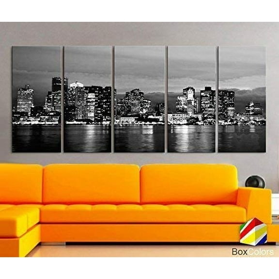 Original by BoxColors XLARGE 30"x 70" 5 Panels 30"x14" Ea Art Canvas Print beautiful Boston Skyline night Black & White Wall Home Office decor interior (framed 1.5" depth)