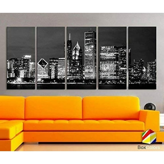 Original by BoxColors XLARGE 30"x 70" 5 Panels 30"x14" Ea Art Canvas Print beautiful Chicago Skyline night Black & White Wall Home office interior decor interior (framed 1.5" depth)
