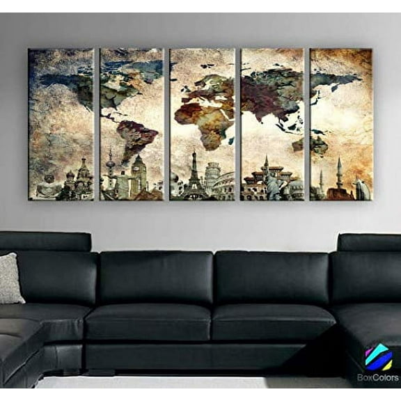 Original by BoxColors Xlarge 30"x 70" 5 Panels 30x14 Ea Art Canvas Print Map World Wonders Old paper texture wall home decor (framed 1.5" depth) M1844