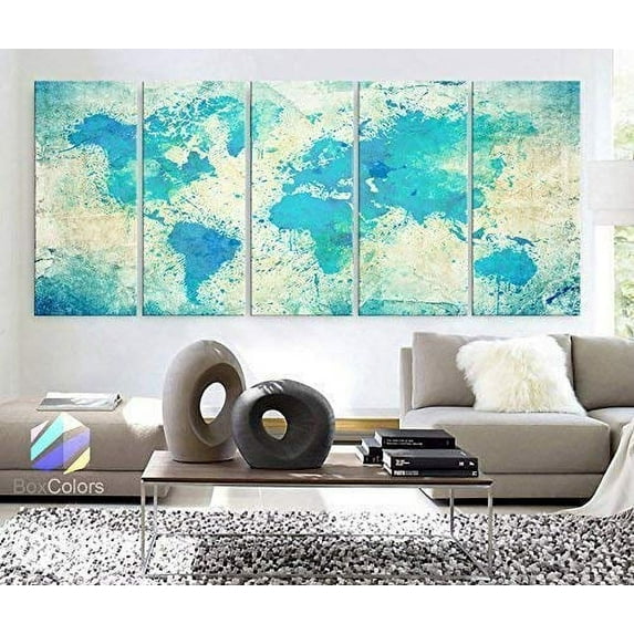 Original by BoxColors Xlarge 30"x 70" 5 Panels 30x14 Ea Art Canvas Print Original Watercolor Map world Extra large panel Wall decor Home Office interior (framed 1.5" depth)