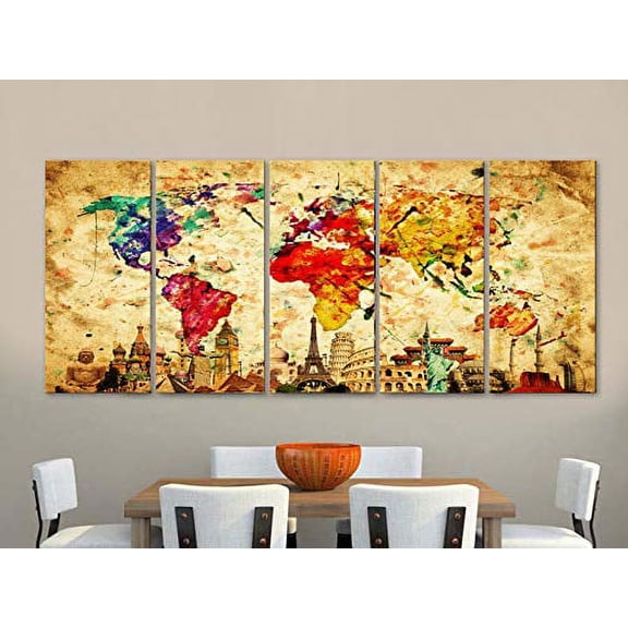 Original by BoxColors Xlarge 30"x 70" 5 Panels 30x14 Ea Art Canvas Print Original Wonders of the World Old Paper Map Colorful Wall Decor Home Interior (Framed 1.5" Depth)