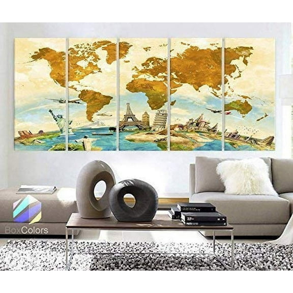Original by BoxColors Xlarge 30"x 70" 5 Panels 30x14 Ea Art Canvas Print Original Wonders of the world Beige Yellow Blue Map Wall decor Home interior (framed 1.5" depth)