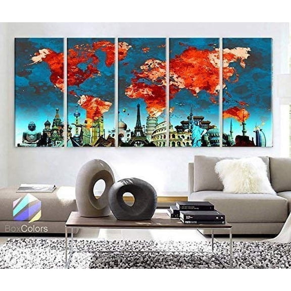 Original by BoxColors Xlarge 30"x 70" 5 Panels 30x14 Ea Art Canvas Print Original Wonders of the world Blue background Orange red Map Wall decor Home interior (framed 1.5" depth)