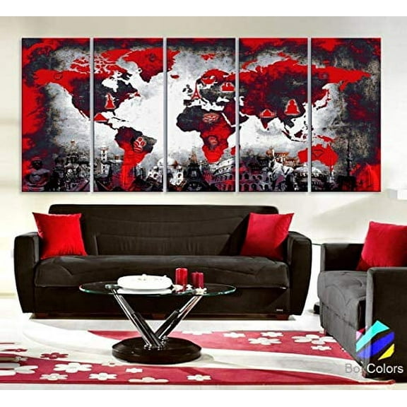 Original by BoxColors Xlarge 30"x 70" 5 Panels 30x14 Ea Art Canvas Print Original Wonders of the world Red background Black & white Map Wall decor Home interior (framed 1.5" depth)