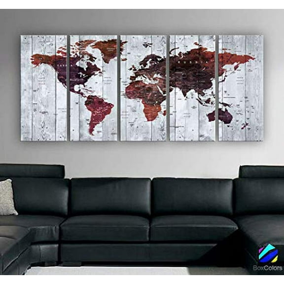 Original by BoxColors Xlarge 30"x 70" 5 Panels 30x14 Ea Art Canvas Print Watercolor Brown Map World Push Pin Travel Wall decor (framed 1.5" depth) M1823