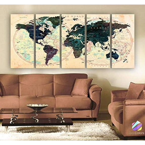 Original by BoxColors Xlarge 30"x 70" 5 Panels 30x14 Ea Art Canvas Print Watercolor Green Beige Map World Push Pin Travel Wall decor (framed 1.5" depth) M1803