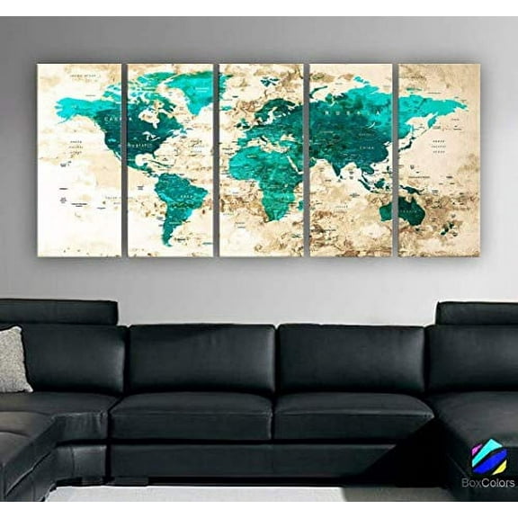 Original by BoxColors Xlarge 30"x 70" 5 Panels 30x14 Ea Art Canvas Print Watercolor Green Map World Push Pin Travel Wall decor Home (framed 1.5" depth) M1802